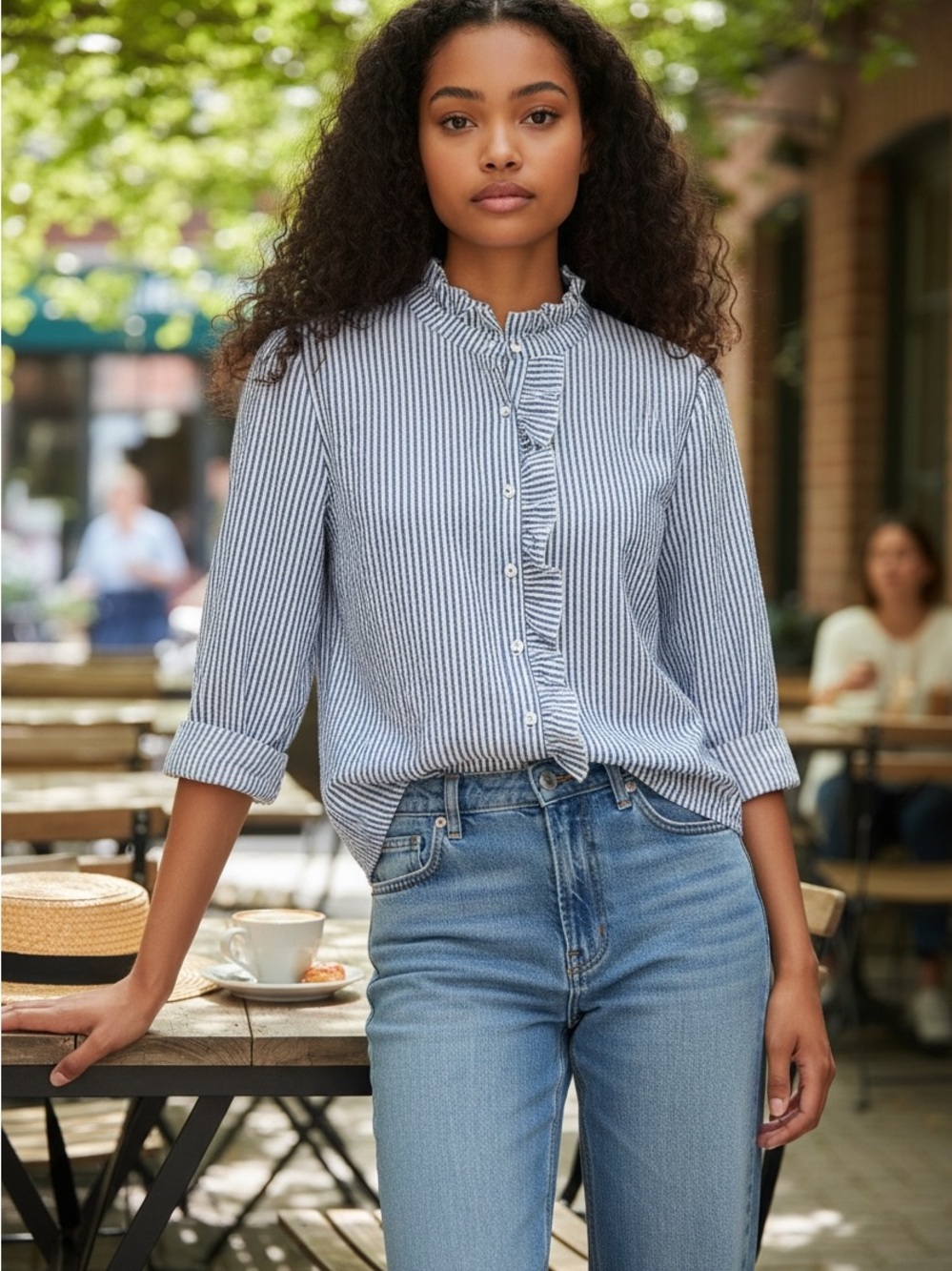 Striped Ruffle Button-Front Blouse - Blue/White - Picture 2 of 2